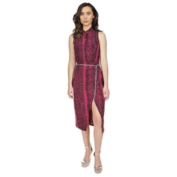 Michael Kors Women's Snakeskin-Print Chain-Belt Sleeveless Midi Dress Fuchsia S - Picture 7 of 15